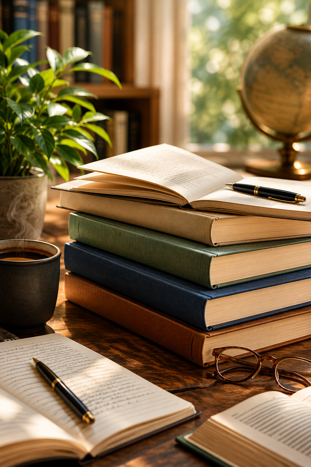 Stack of scholarly books, open notebooks, reading glasses, and a coffee cup on a wooden desk in a warmly lit study, representing academic writing, research, theology, literature, leadership, and cultural studies.